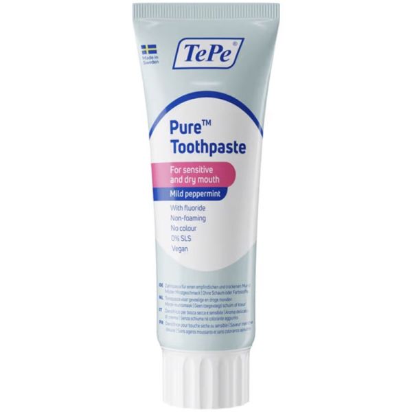 TePe Pure Dentifrice Avec Fluor - Dès 7 Ans - 75ml - Goût Menthe Douce - Pour gencives sensibles et bouche sèche