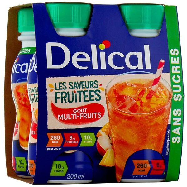 Delical Boisson Sans Sucres Multi Fruits - Idéal pour Compléter l'Alimentation - 4 x 200 ml