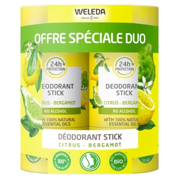 Weleda Déodorant Stick Citrus Bergamote - Lot de 2 x 50 g - Fraîcheur naturelle longue durée