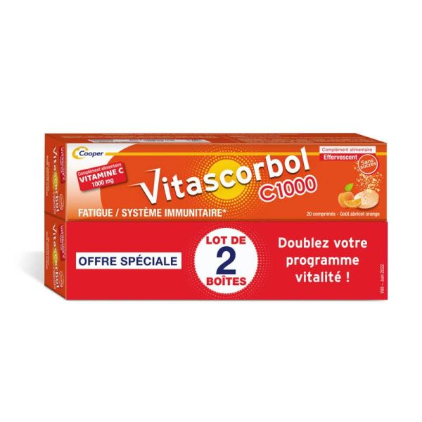 Vitascorbol Vitamine C 1000mg - Lot de 2 x 20 comprimés effervescents - Vitalité et Défenses Renforcées