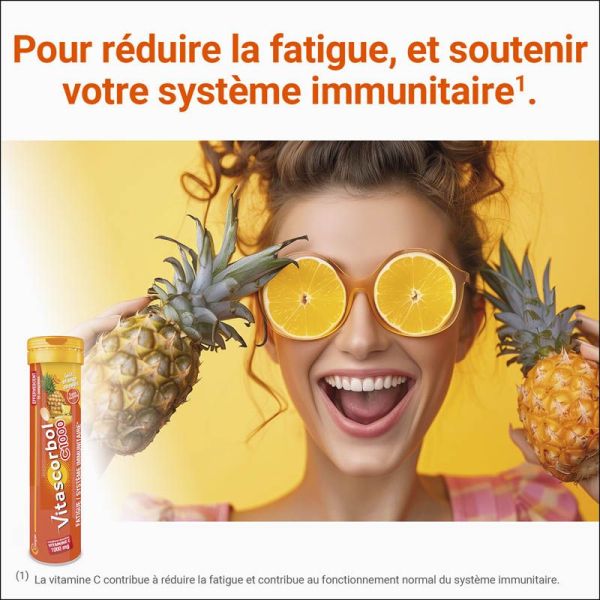 Vitascorbol Vitamine C 1000mg - 15 Comprimés Effervescents - Saveur Orange/Ananas - Boost de vitamine C