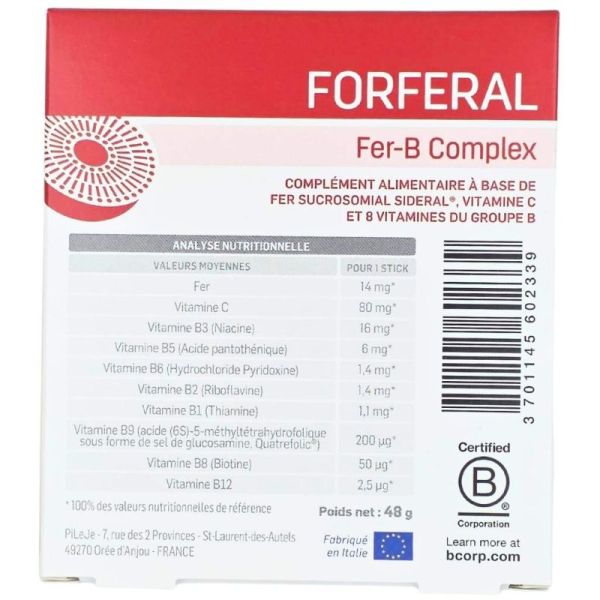 PiLeJe FORFERAL Fer-B Complex 30 Sticks - Réduction de la fatigue, apport en fer sucrosomial et vitamines B
