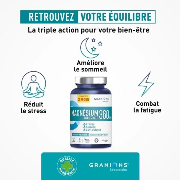 Granions Magnésium Bisglycinate 360 mg 180 comprimés - Anti-fatigue, réduit le stress et améliore le sommeil
