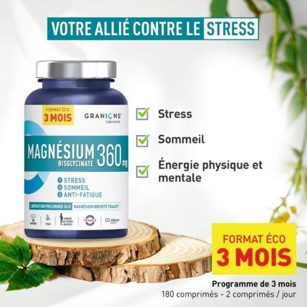 Granions Magnésium Bisglycinate 360 mg 180 comprimés - Anti-fatigue, réduit le stress et améliore le sommeil