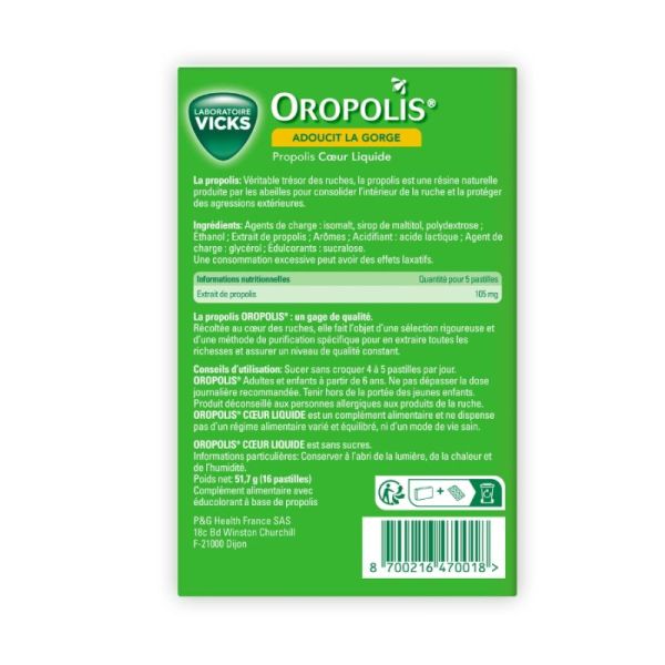 Vicks Oropolis - Adoucit la Gorge - Propolis Coeur Liquide - 16 pastilles miel