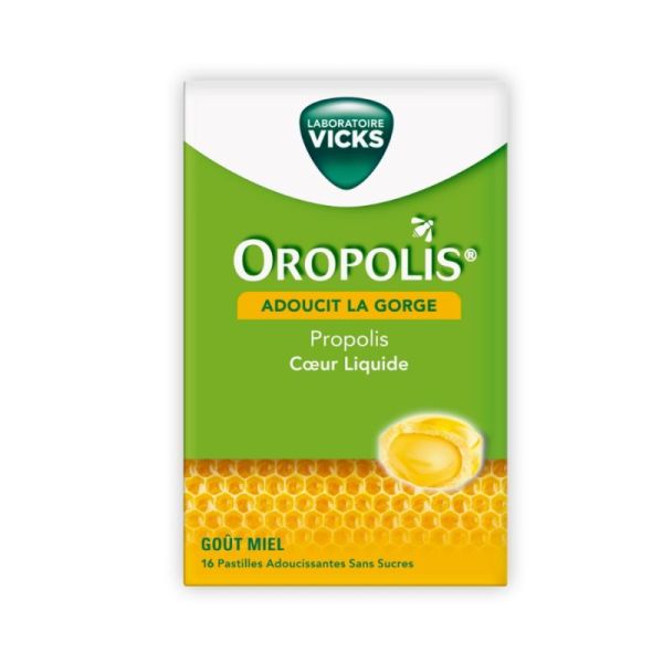 Vicks Oropolis - Adoucit la Gorge - Propolis Coeur Liquide - 16 pastilles miel