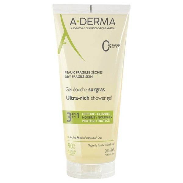 A-derma Les Indispensables - Gel Douche Surgras 3 en 1 - 200ml - Nettoie, nourrit et protège