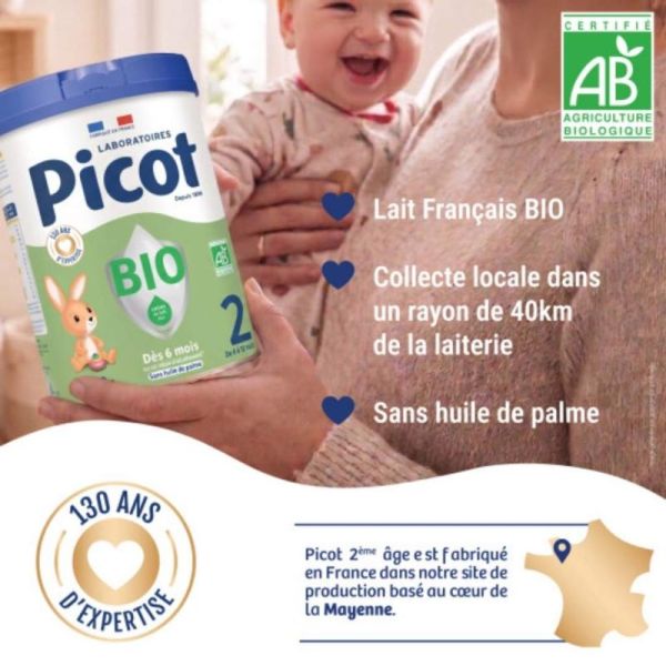 Picot Bio 2ème âge (6-12 mois) 800 g - Lait de suite biologique sans huile de palme