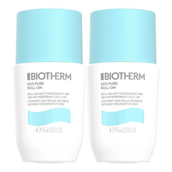 Biotherm Déo Pure Anti-Transpirant Roll-On - Lot de 2 x 75 ml - Fraîcheur 48h pour peaux sensibles