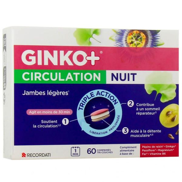 Bouchara Ginko+ Circulation Nuit Jambes Légères - 60 Comprimés -  Confort circulatoire nocturne