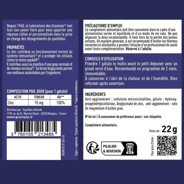 Granions Zinc Bisglycinate 15mg 60 Gélules - Haute biodisponibilité, soutien immunitaire, santé peau et cheveux