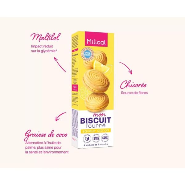 Milical Biscuits Fourrés Saveur Citron - 4 sachets de 2 biscuits diététiques sans sucres ajoutés