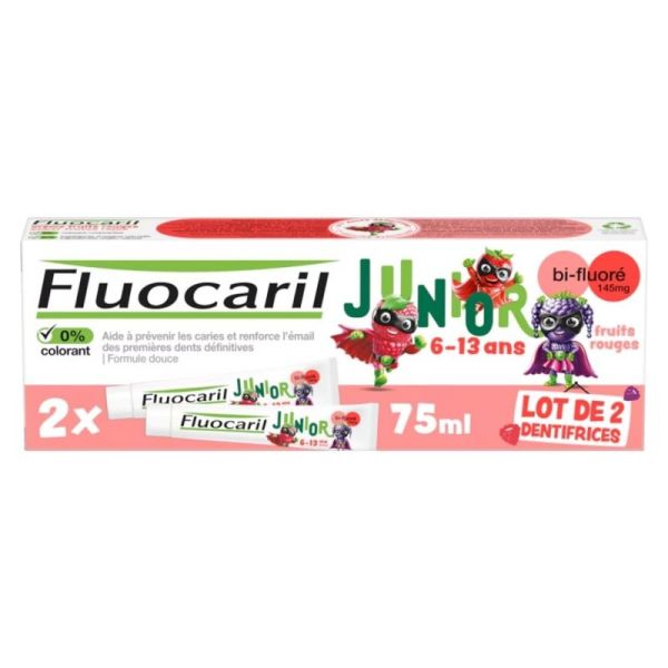 Fluocaril Dentifrice Junior 6-13 ans Gel Fruits Rouges 145mg lot 2x75ml - fortification des premières dents définitives