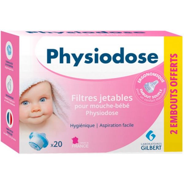 Gilbert Physiodose 20 Filtres Jetables pour Mouche Bébé + 2 Embouts OFFERTS - Hygiène et Confort