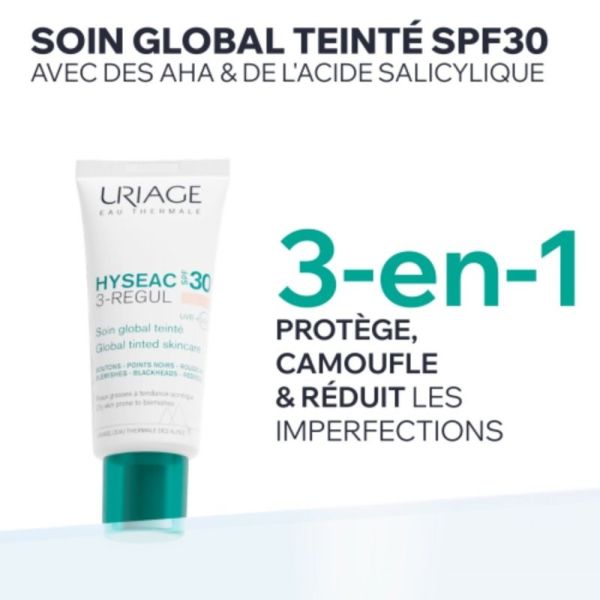 Uriage Hyséac 3-Régul Soin Global Teinté SPF30 40 ml - Soin anti-imperfections teinté unifiant et protecteur