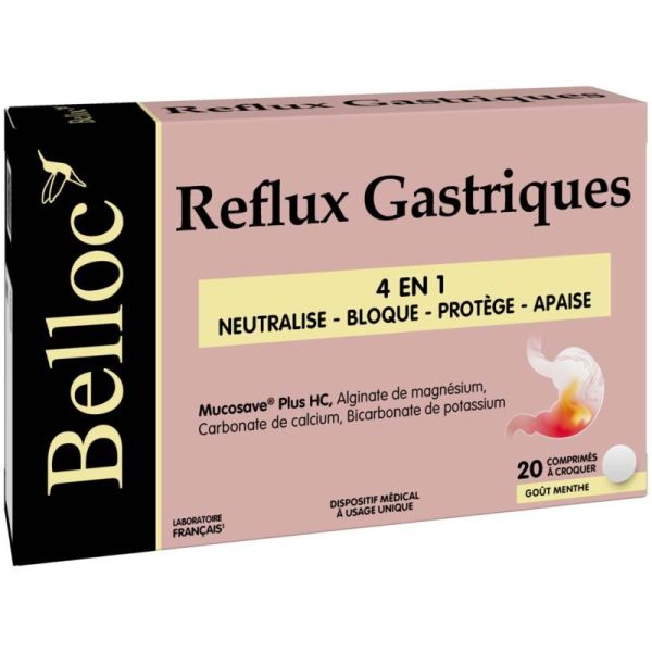Belloc Reflux Gastriques - Neutralise, Bloque, Protège et Apaise - 20 comprimés à croquer