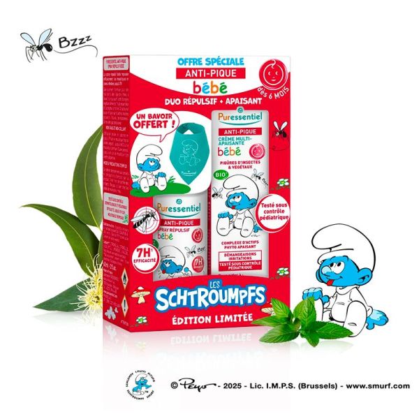 Puressentiel Duo Répulsif + Apaisant Bébé Schtroumpf - Spray Répulsif + Crème Apaisante - Dès 6 mois