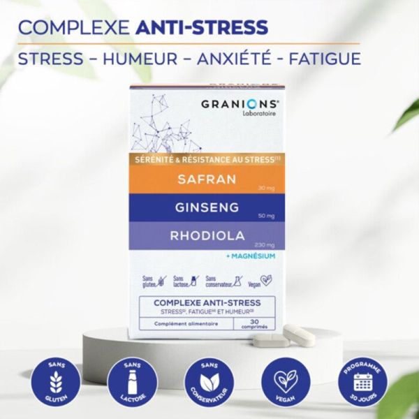 Granions Complexe Anti Stress 30 comprimés – Solution adaptogène sérénité, équilibre et vitalité