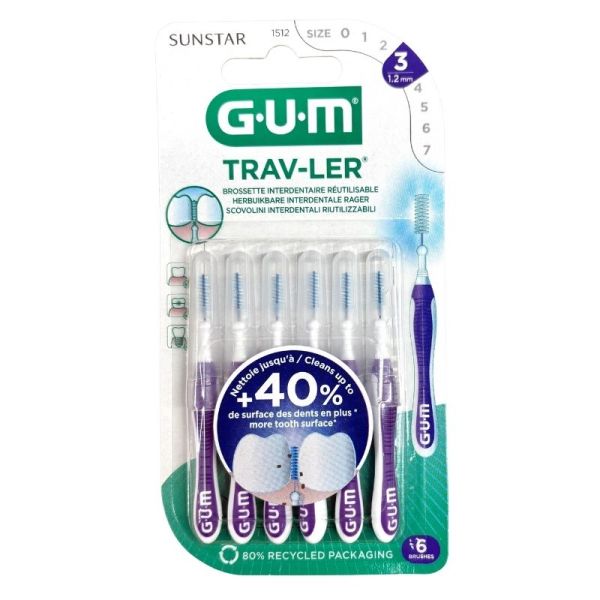Gum Brossettes interdentaires Trav-Ler - Pack de 6 brossettes - Taille 3 : 1,2 mm - Nettoyage précis