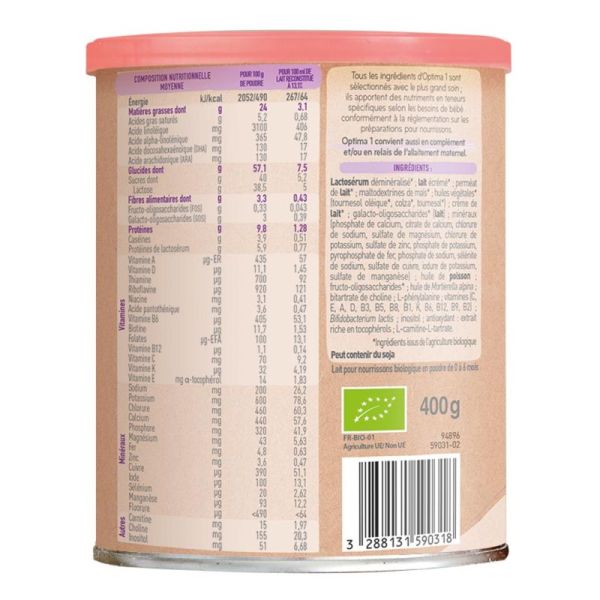 Babybio Optima 1er âge 400 g (0 à 6 mois) Lait pour nourrissons, sans huile de palme et fabriqué en France
