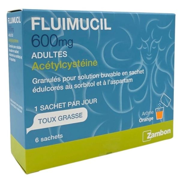 Fluimucil 600 mg Adultes Acétylcystéine Granulés pour solution buvable pour la toux grasse 6 sachets