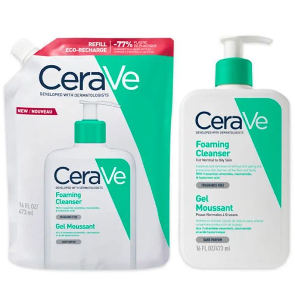 CeraVe Gel Moussant - 473 ml + Éco-Recharge 473 ml - Nettoyant purifiant peaux normales à grasses