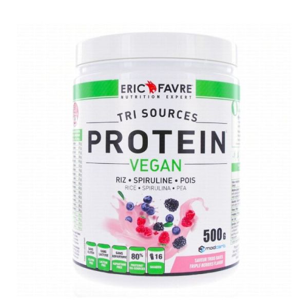 Eric Favre Tri Sources Protein Vegan - Saveur Fruits Rouges - Apporte de la Protéine - Pot de 500g