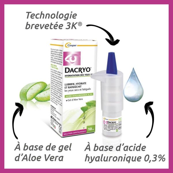 Dacryo Solution Ophtalmique Hydratation Yeux Secs 10ml - Lubrifdie, hydrate et rafraîchit, à l'acide hyaluronique