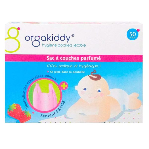Orgakiddy Sacs à Couches - Parfum Fraise - Élimine les Odeurs - 50 sacs