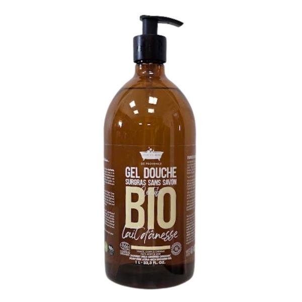 Les Petits Bains de Provence Gel Douche Surgras Sans Savon Bio Lait d'ânesse - 1L - Visage Corps et Cheveux