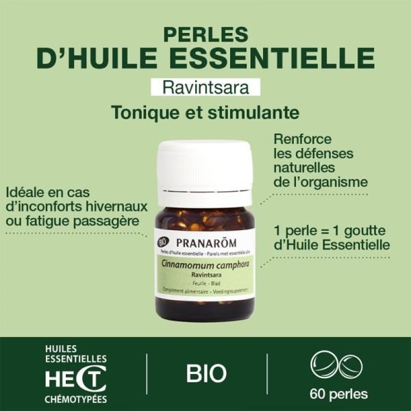 Pranarôm Perles d'Huile Essentielle Ravintsara Bio 60 Perles – Défenses et vitalité