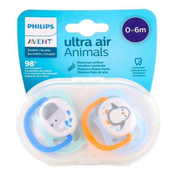 Avent Sucette Ultra Air - 0-6 mois - Pour les Palais Sensibles - Design Animaux - 2 sucettes