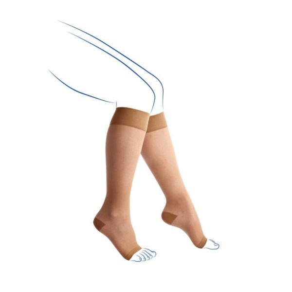 Thuasne Venoflex Secret Classe 2 Chaussettes de Contention Femme Pieds Ouverts Beige Bronzant - Long - Taille 2