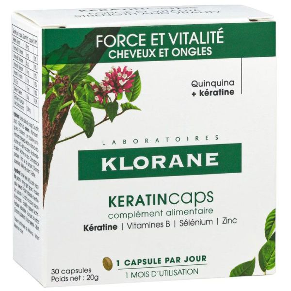 KeratinCaps Klorane 30 capsules – Complément alimentaire pour la chute de cheveux, force et vitalité