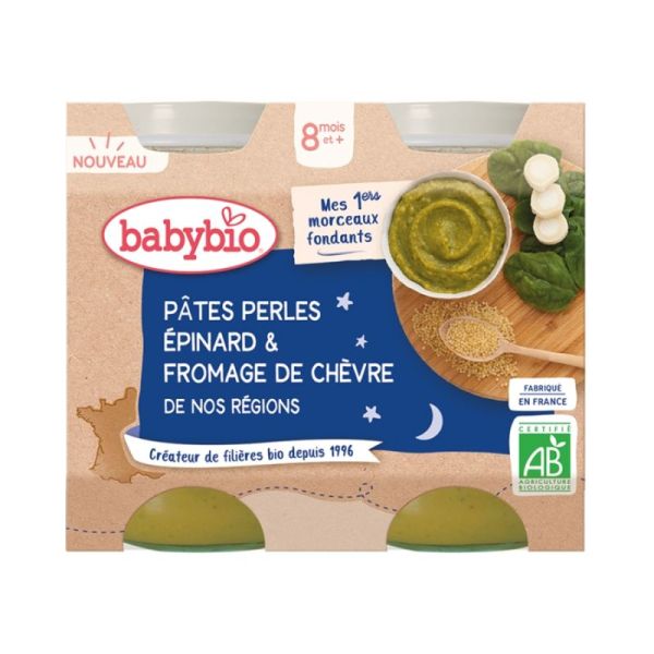 Babybio Bonne Nuit Petit Pot Pâtes Perles Epinard Fromage de Chèvre 8 mois - 2 x 200g