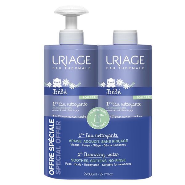 Uriage Bébé 1ère Eau Nettoyante - Lot de 2 x 500 ml - Visage, Corps et Siège