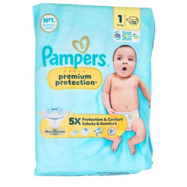 Pampers Premium Protection Couches Taille 1 (2-5kg) X33  - Protège et préserve la peau délicate des nouveau-nés