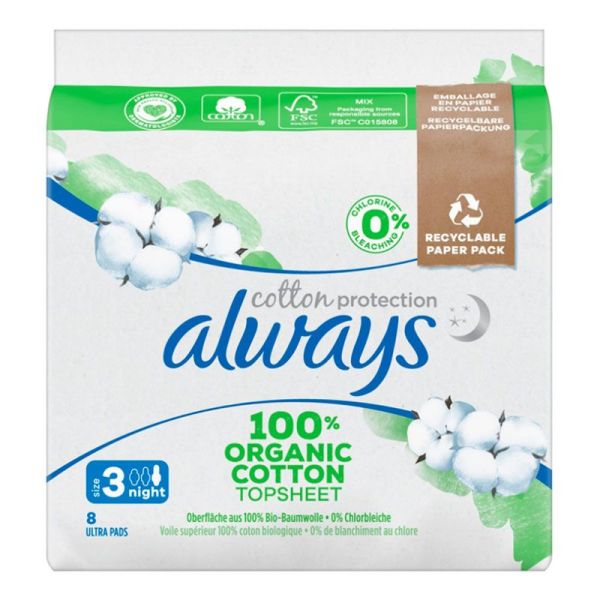 Always Cotton Protection Serviettes Hygiéniques BIO - Taille 3 Night - 8 serviettes