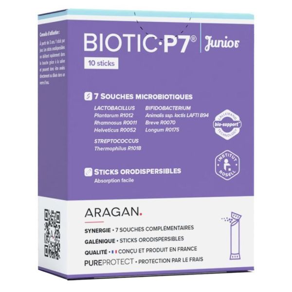Aragan Biotic P7 Junior - 10 sticks orodispersibles - Équilibre intestinal et confort digestif chez l’enfant
