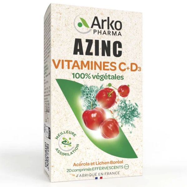 Arkopharma Azinc Vitamines C + D3 100 % Végétales - 20 Comprimés Effervescents - Immunité renforcée et vitalité