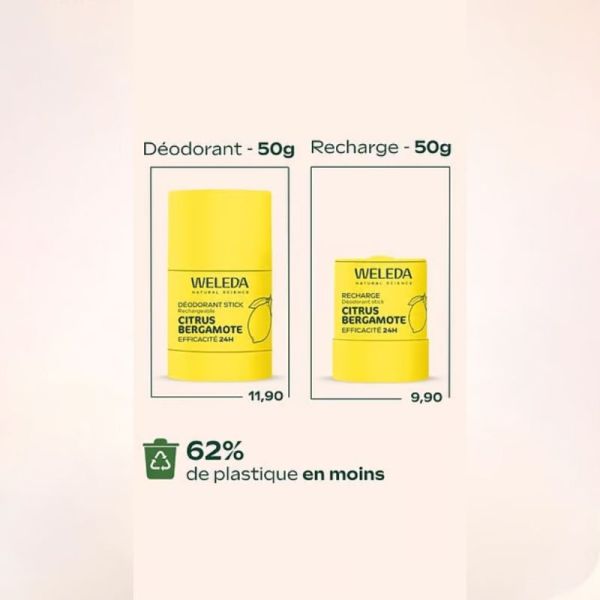 Weleda Déodorant Stick Rechargeable Citrus Bergamote - Protège efficacement et naturellement contre les odeurs pendant 24h