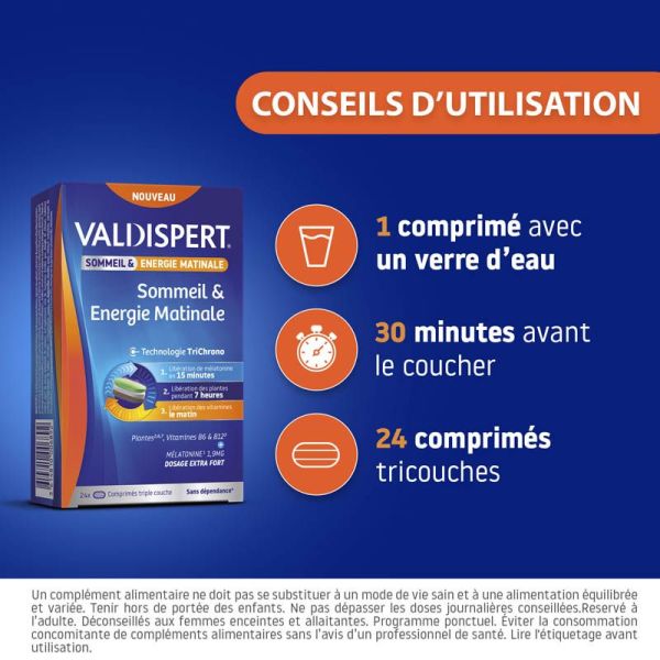 Valdispert Sommeil & Energie Matinale - 30 Comprimés - Réduit le Temps d'Endormissement