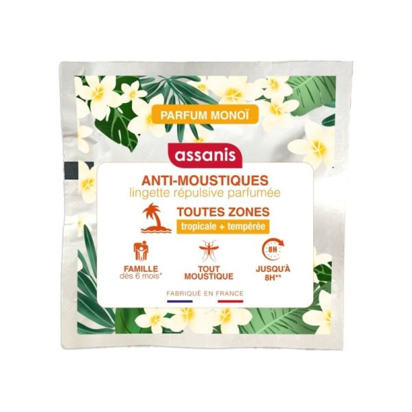 Assanis Lingettes Répulsives Anti-Moustiques Parfum Monoï x12 - Protection pocket longue durée pour toute la famille