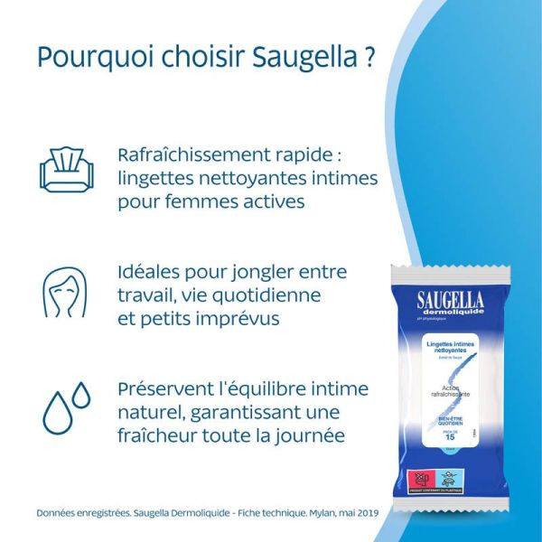 Saugella Dermoliquide Pack de 15 Lingettes Intimes Individuelles