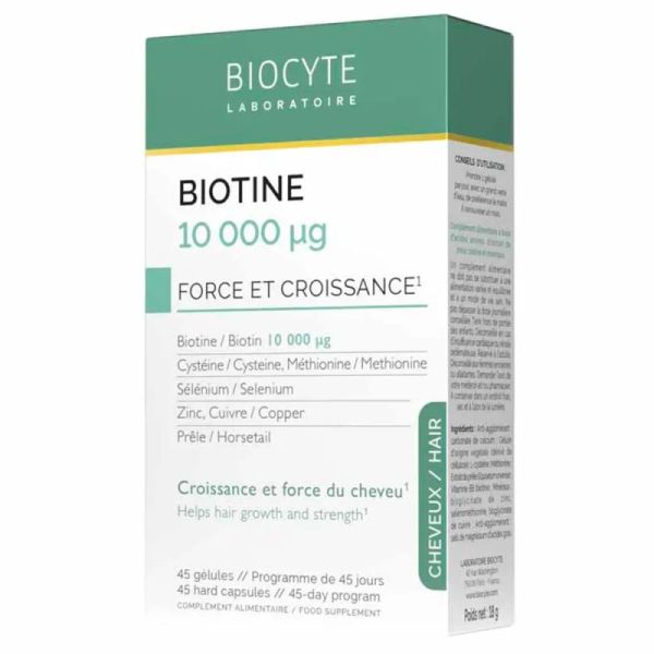 Biocyte Cheveux Biotine 10 000 µg - 45 gélules - Apporte croissance et force capillaire