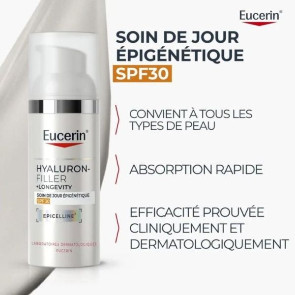 Eucerin Hyaluron-Filler + Longevity Soin de Jour Epigénétique SPF 30 50 ml - Hydratation profonde et réduction des signes de l'âge