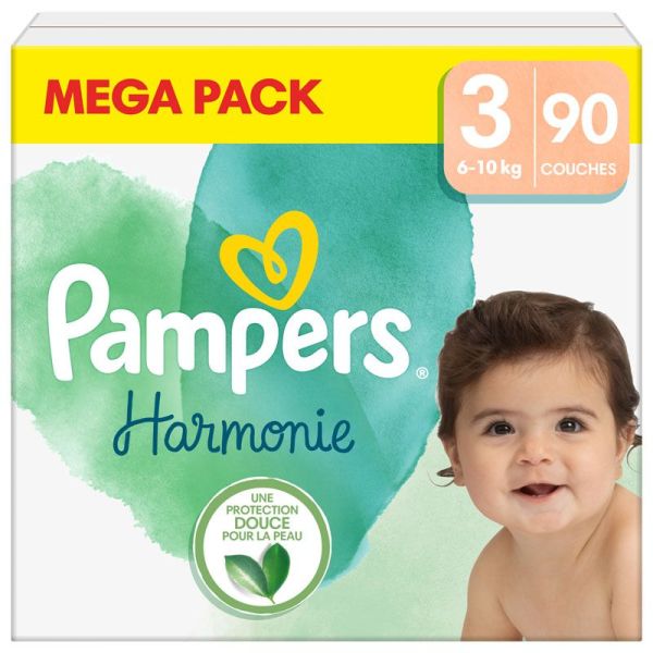 Pampers Harmonie Taille 3 / 6-10kg - 90 Couches Mega Pack - Zéro parfum et lotion, hypoallergénique