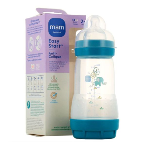 Mam Easy Start Biberon Anti Colique - Débit Moyen - Âge 2 mois et + - 260ml - Couleur : Océan