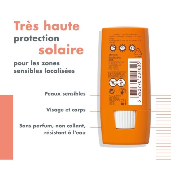 Avène Solaire Stick Zones Sensibles SPF 50+ - 8 g - Protection ciblée pour les peaux sensibles
