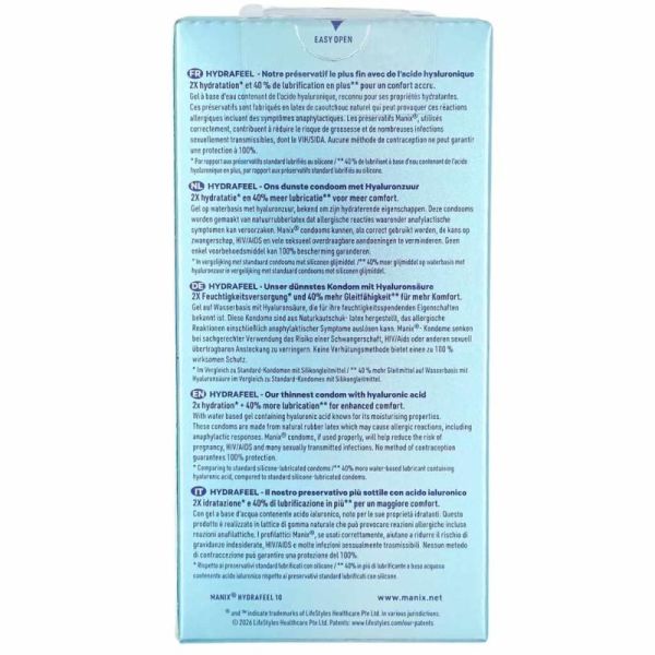 Manix Hydrafeel Boîte de 10 préservatifs à l'acide hyaluronique - Hydratation maximale et finesse extrême pour un confort naturel